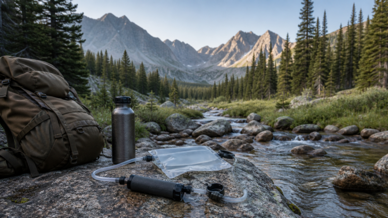 Backcountry water filter and clean-water container beside an alpine stream