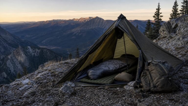 Backcountry hunting shelter with an insulated sleeping pad and sleeping bag above a western mountain valley
