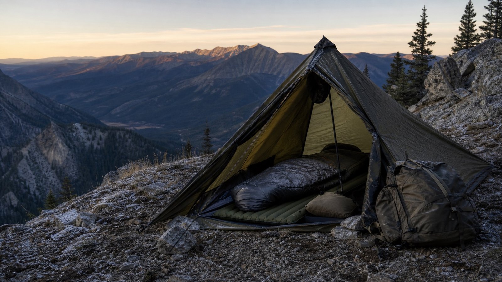 Backcountry hunting shelter with an insulated sleeping pad and sleeping bag above a western mountain valley