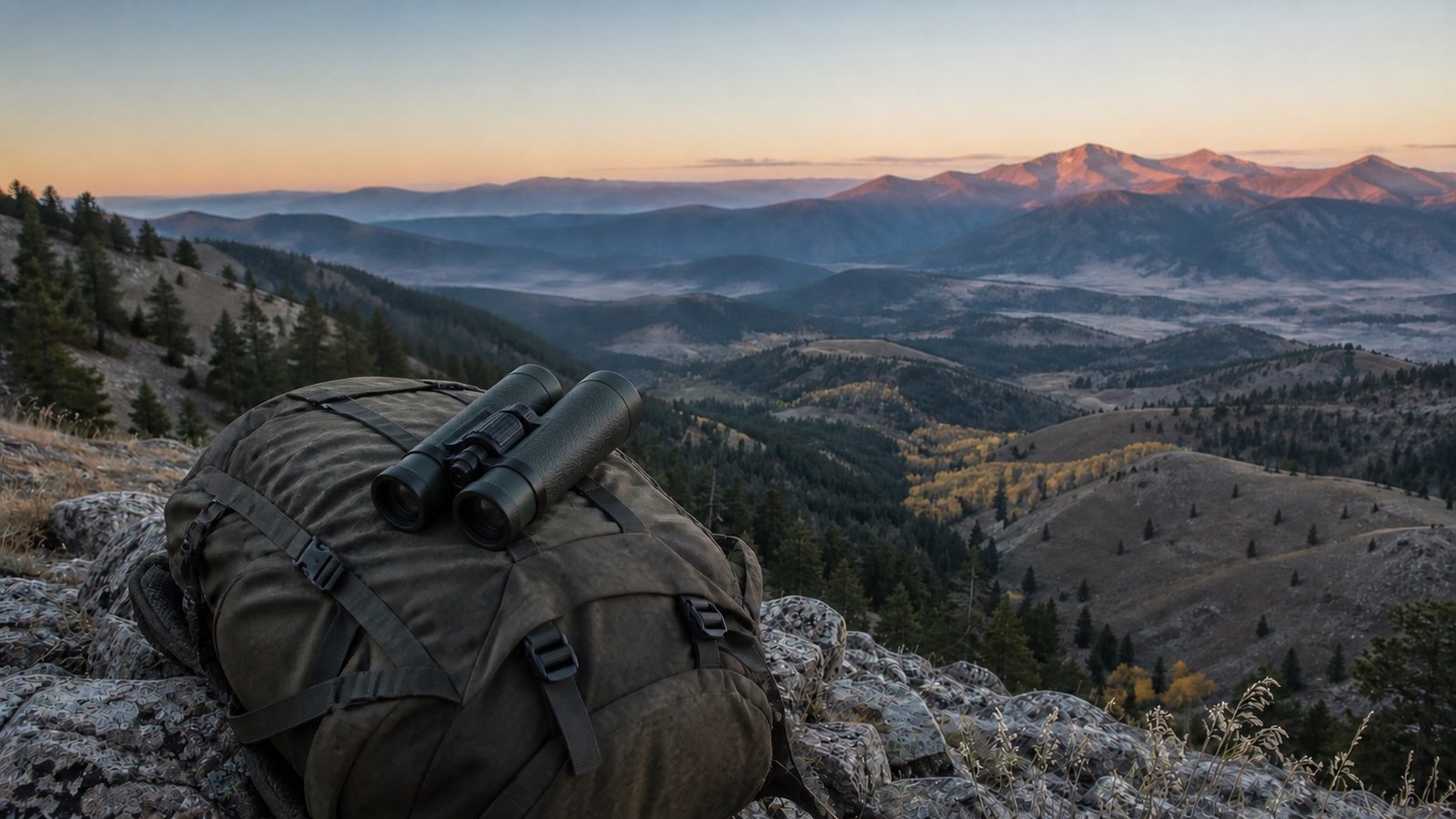 Hunting binoculars resting on a backpack overlooking a western mountain valley