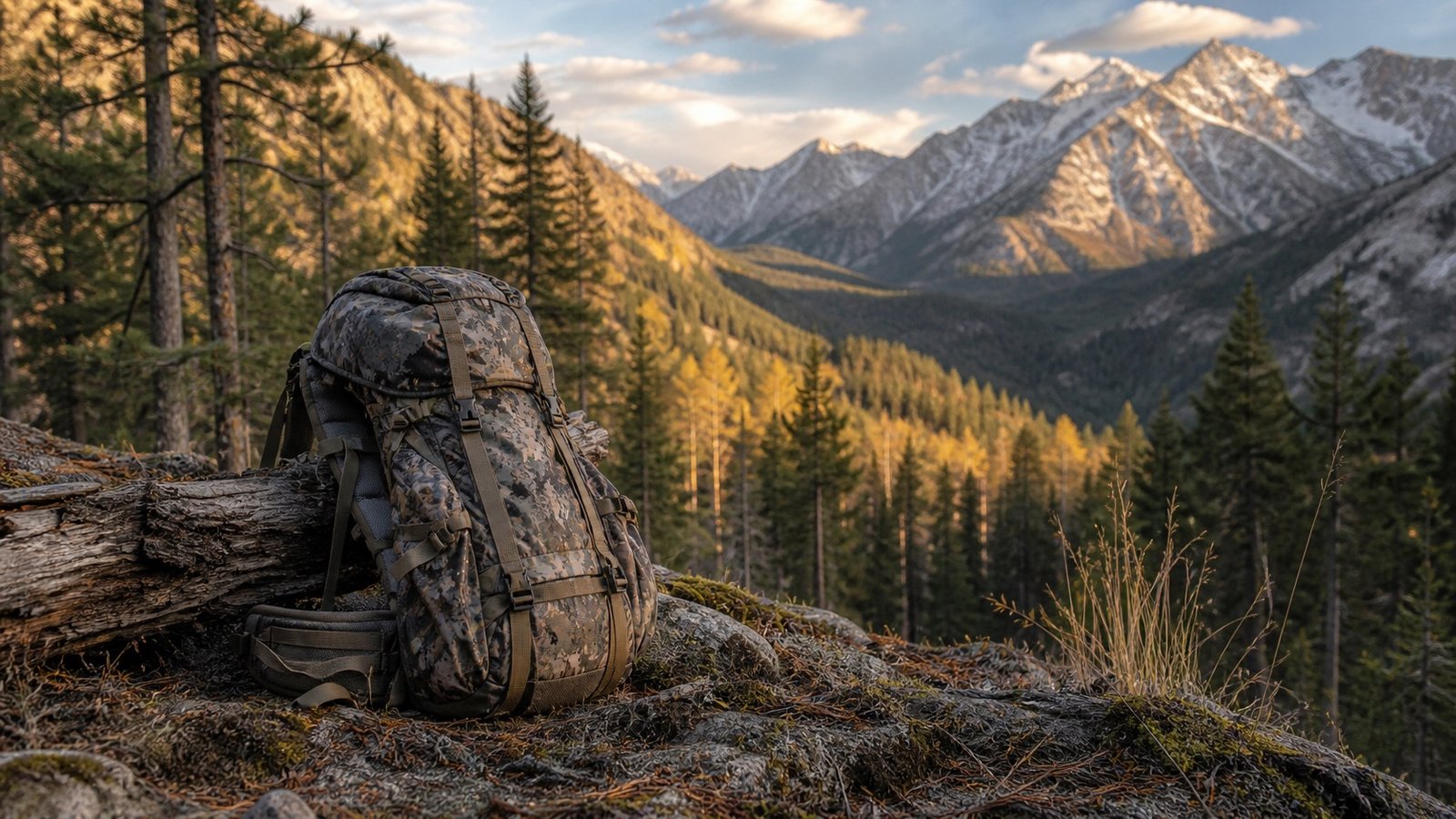 Hunting backpack overlooking a wooded mountain valley