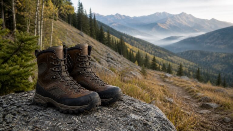 Rugged hunting boots on a mountain trail overlooking a wooded valley