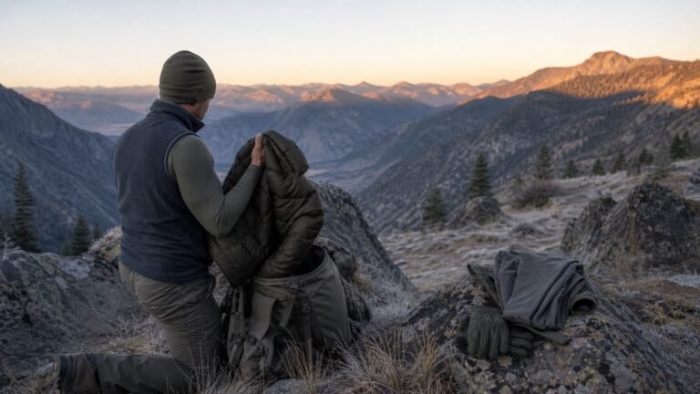 Hunter adding an insulated layer beside a backpack at a cold western mountain overlook