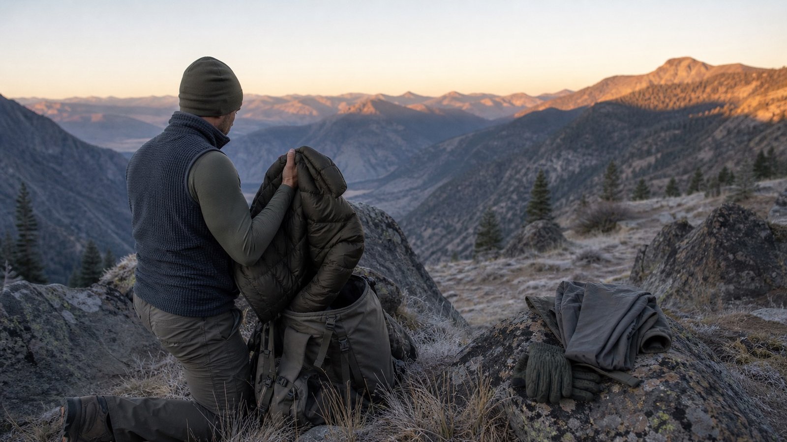 Hunter adding an insulated layer beside a backpack at a cold western mountain overlook