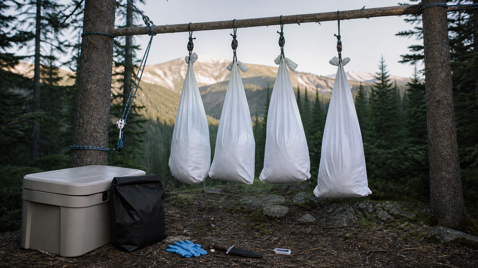 Breathable game bags hanging separately in shade beside meat-care equipment and a cooler