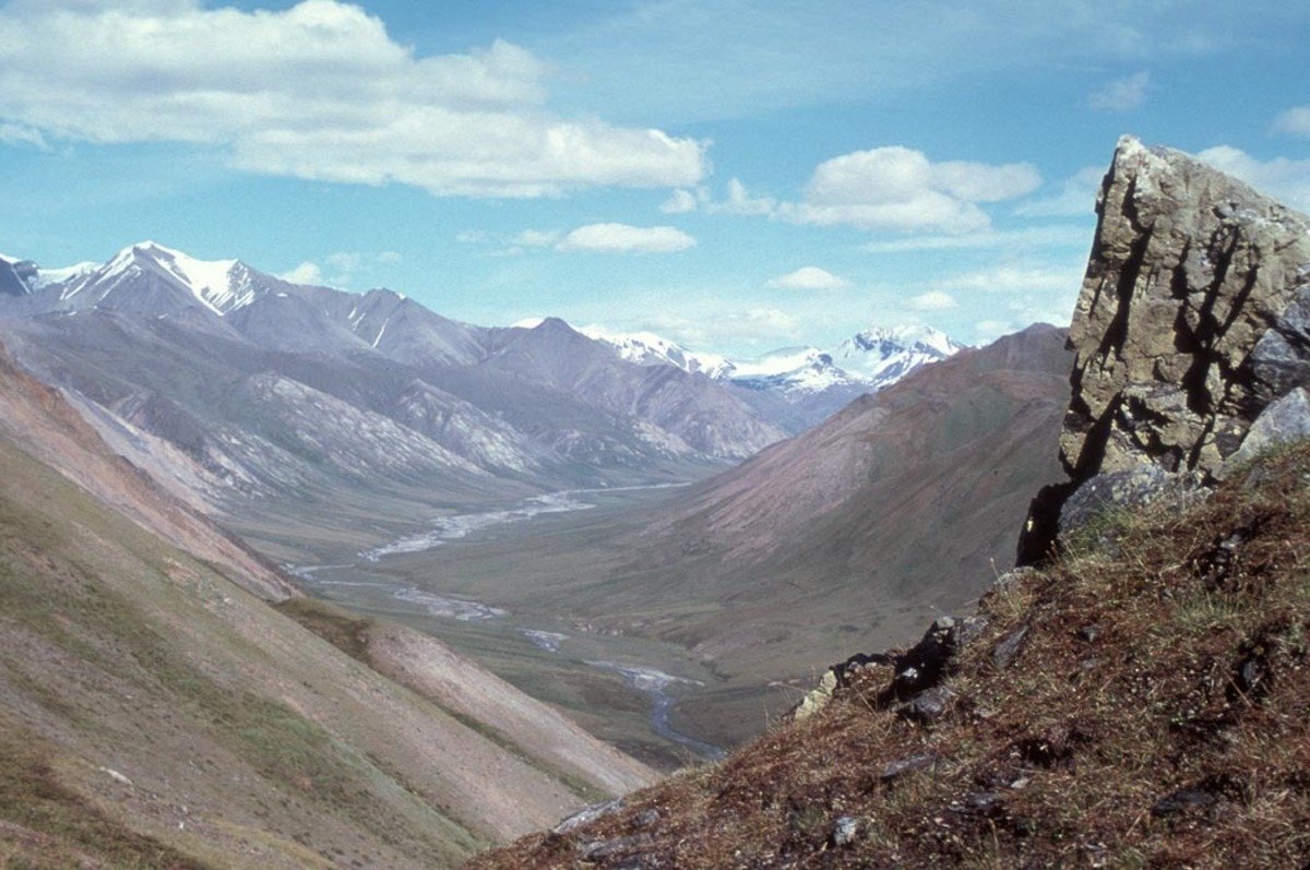 Broad mountain valley and river corridor in Arctic National Wildlife Refuge