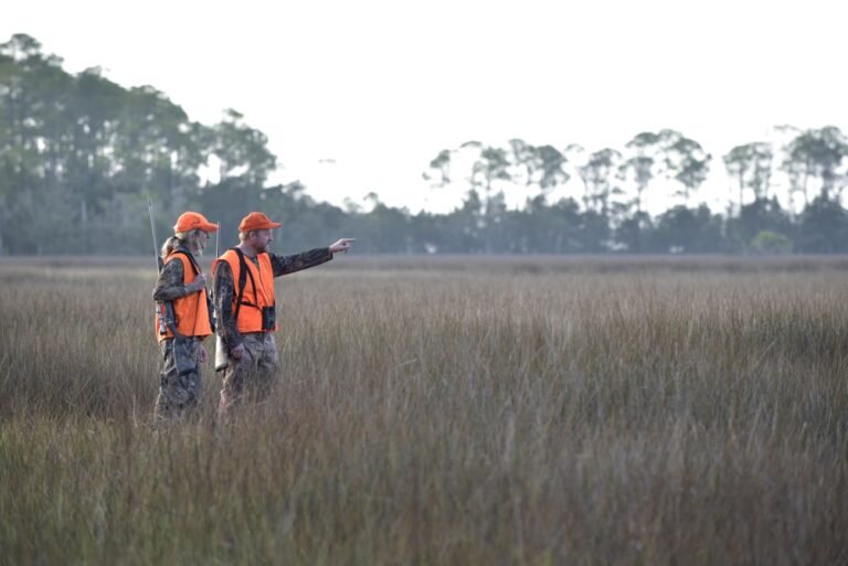 Two hunters wearing blaze-orange vests and caps stand in tall grass, with one pointing across the field.