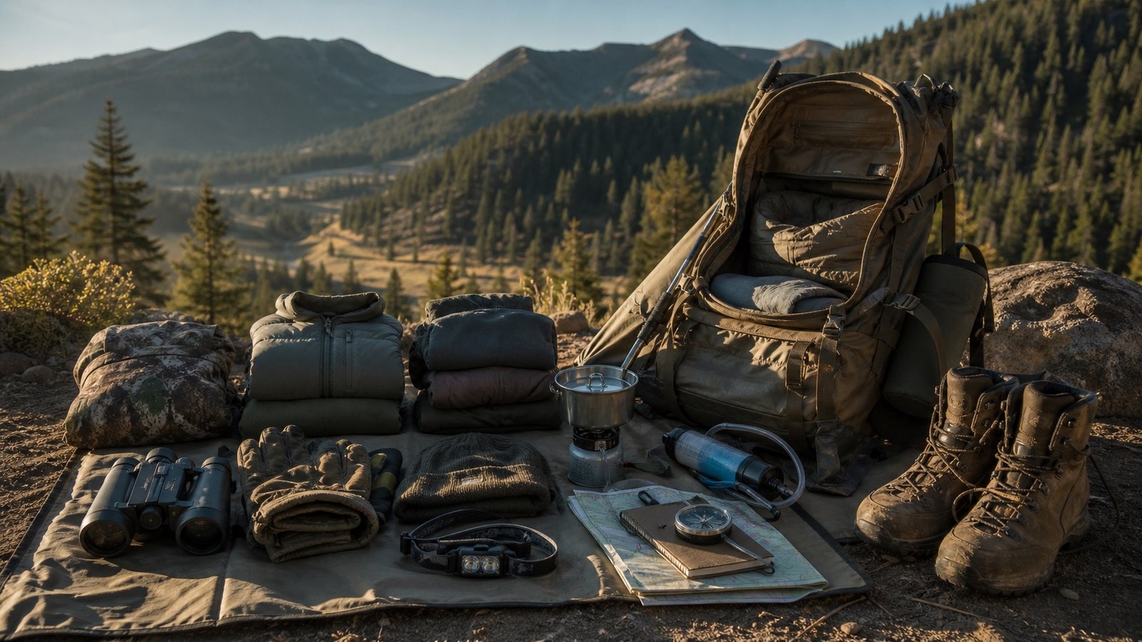 Western big-game hunting gear organized beside an open backpack at mountain base camp