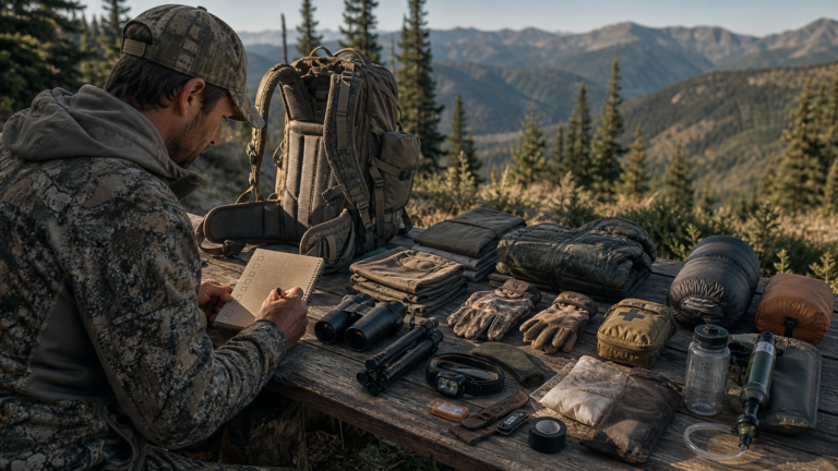 Hunter organizing a hunt-specific big-game gear list beside a backpack in western mountain country