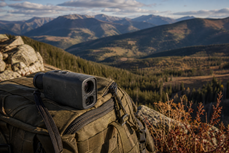 Unbranded hunting laser rangefinder resting on a backpack above a western mountain valley
