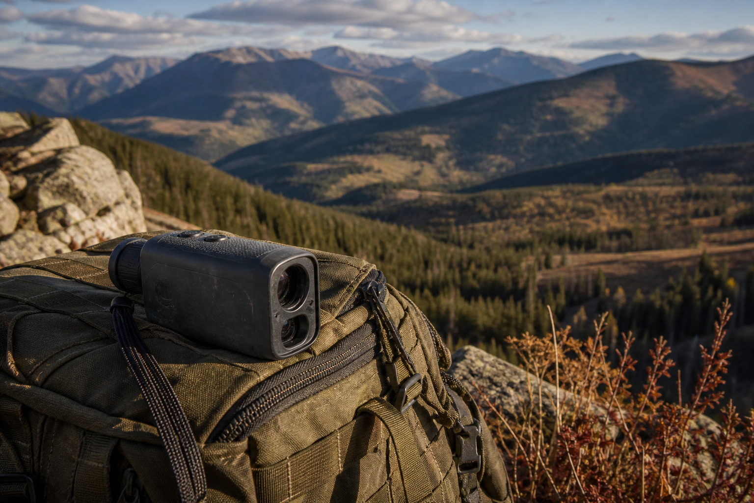 Unbranded hunting laser rangefinder resting on a backpack above a western mountain valley