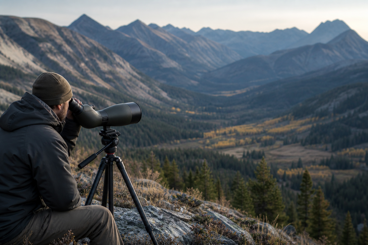 Hunter using an angled spotting scope on a tripod above a western mountain valley