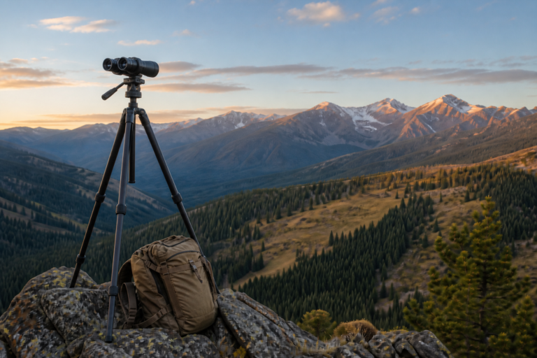 Carbon-fiber hunting tripod with mounted binoculars overlooking a western mountain valley
